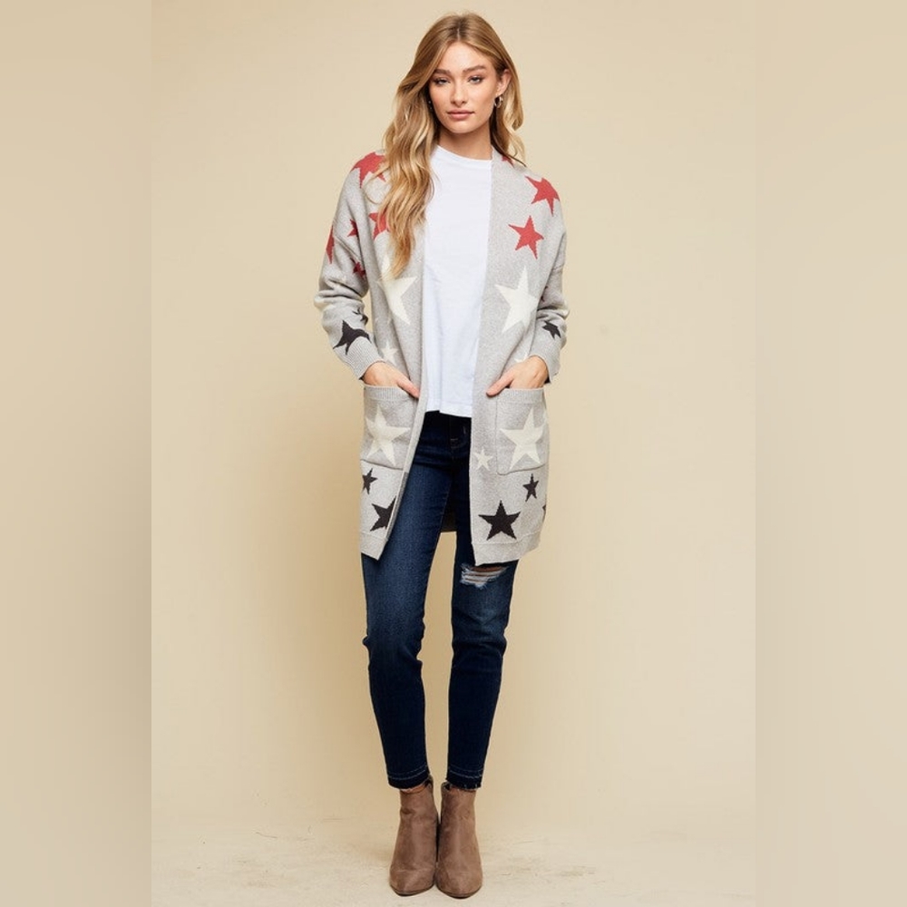 Modcloth Dreamers Gray Open Front Cardigan w Red, White, & Blue Patriotic Stars